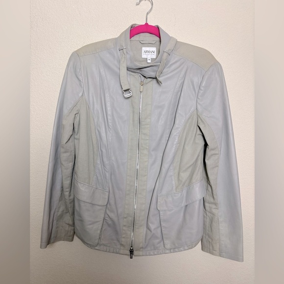 Vintage Armani Collezioni Gray Lambskin Leather and Flax Cropped Moto Jacket 14 - Picture 1 of 13